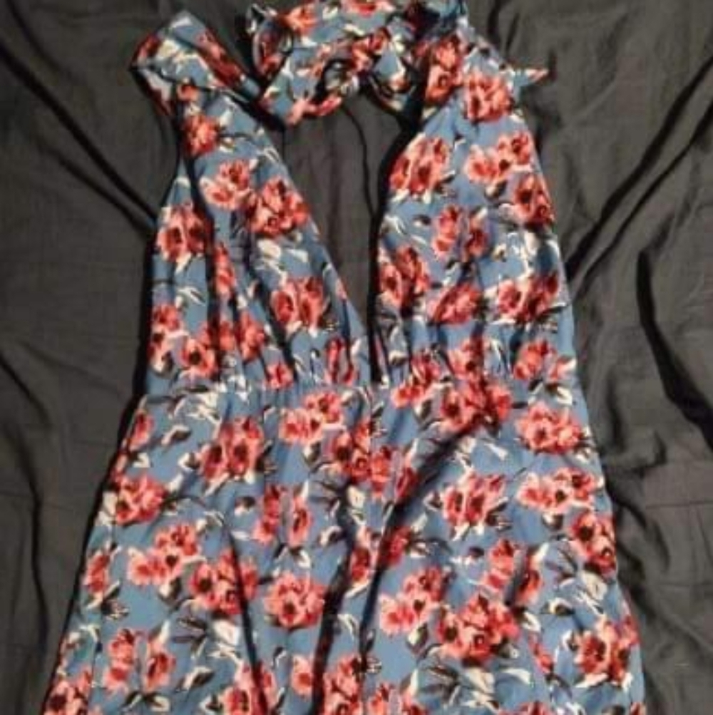 Blue Floral Romper with Pink Blossoms